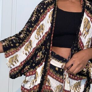 Elephant Print Kimono and Shorts Set